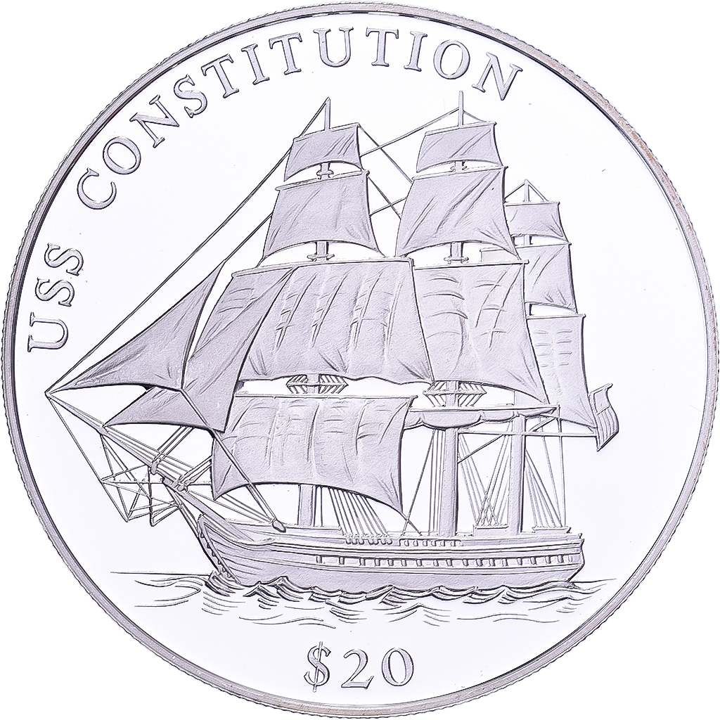 Liberia, 20 Dollars, History of Navigation, 2000, USS Constitution, Silver