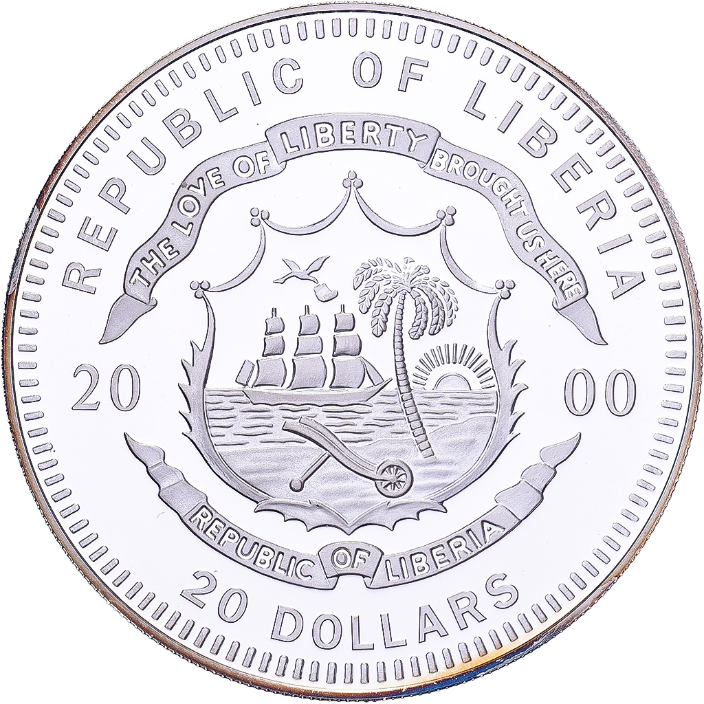 Liberia, 20 Dollars, History of Navigation, 2000, USS Constitution, Silver