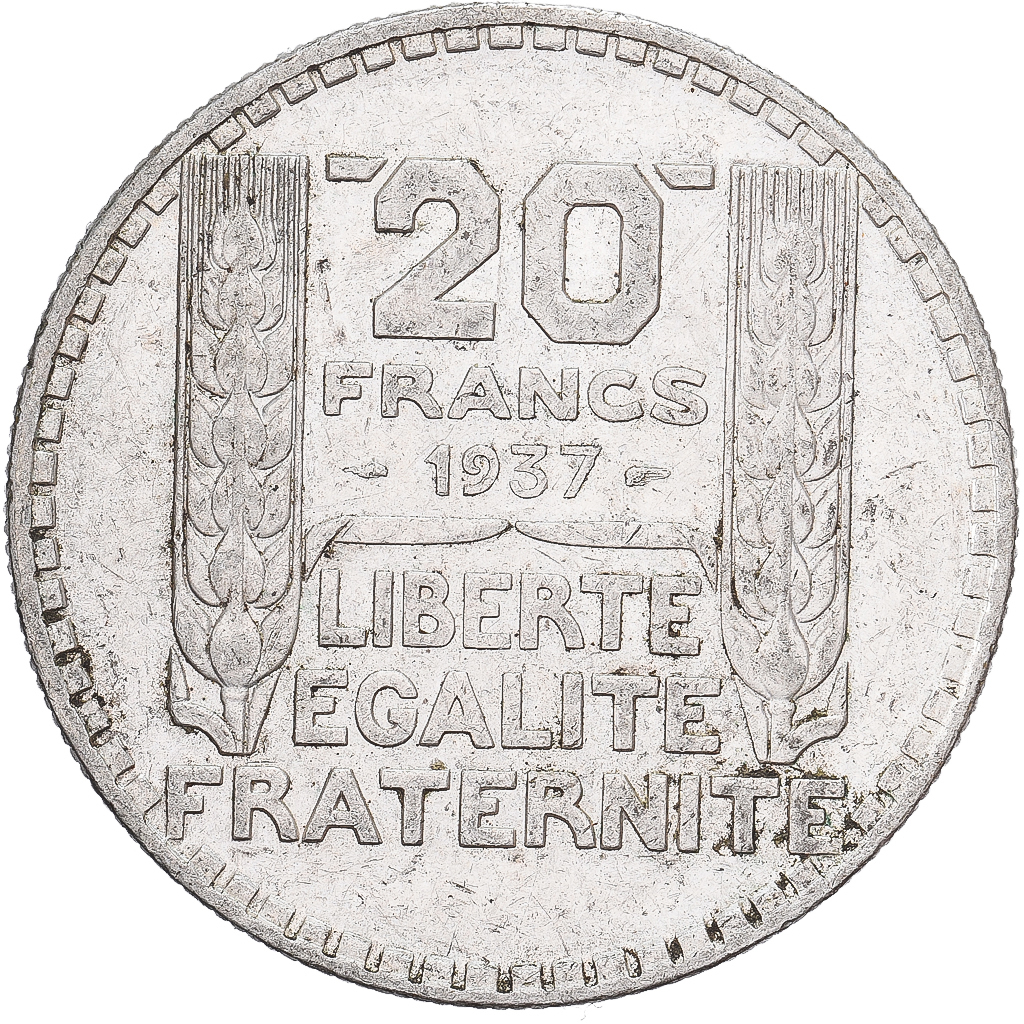 France, 20 Francs, Turin, 1937, Paris, Silver, AU(50-53), Gadoury:852, KM:879