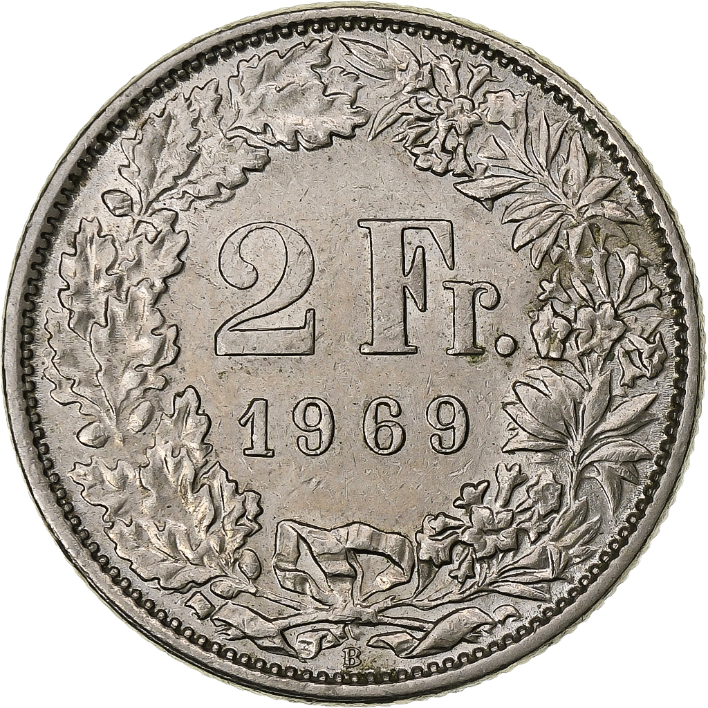 Switzerland, 2 Francs, 1969, Bern, Copper-nickel, , KM:21a.1