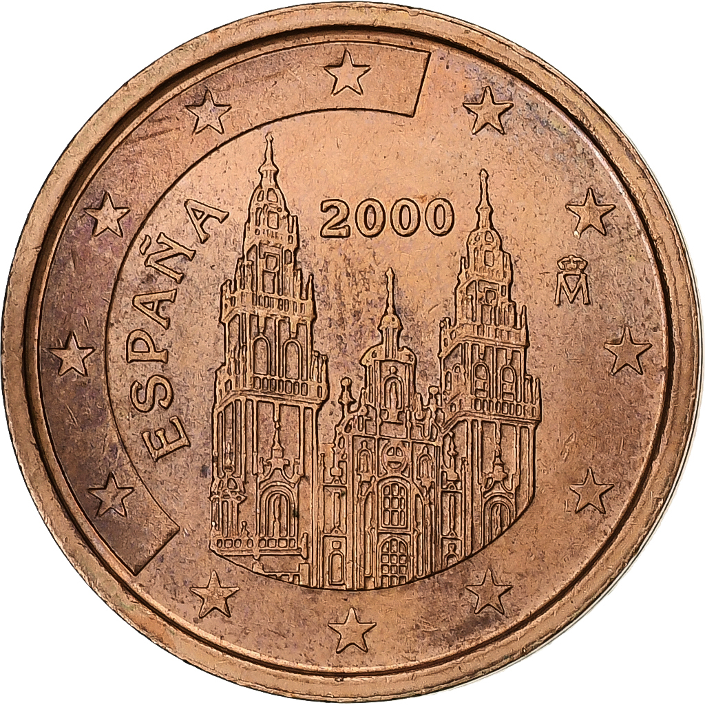 Spain, 2 Euro Cent, 2000, Madrid, Copper Plated Steel, AU