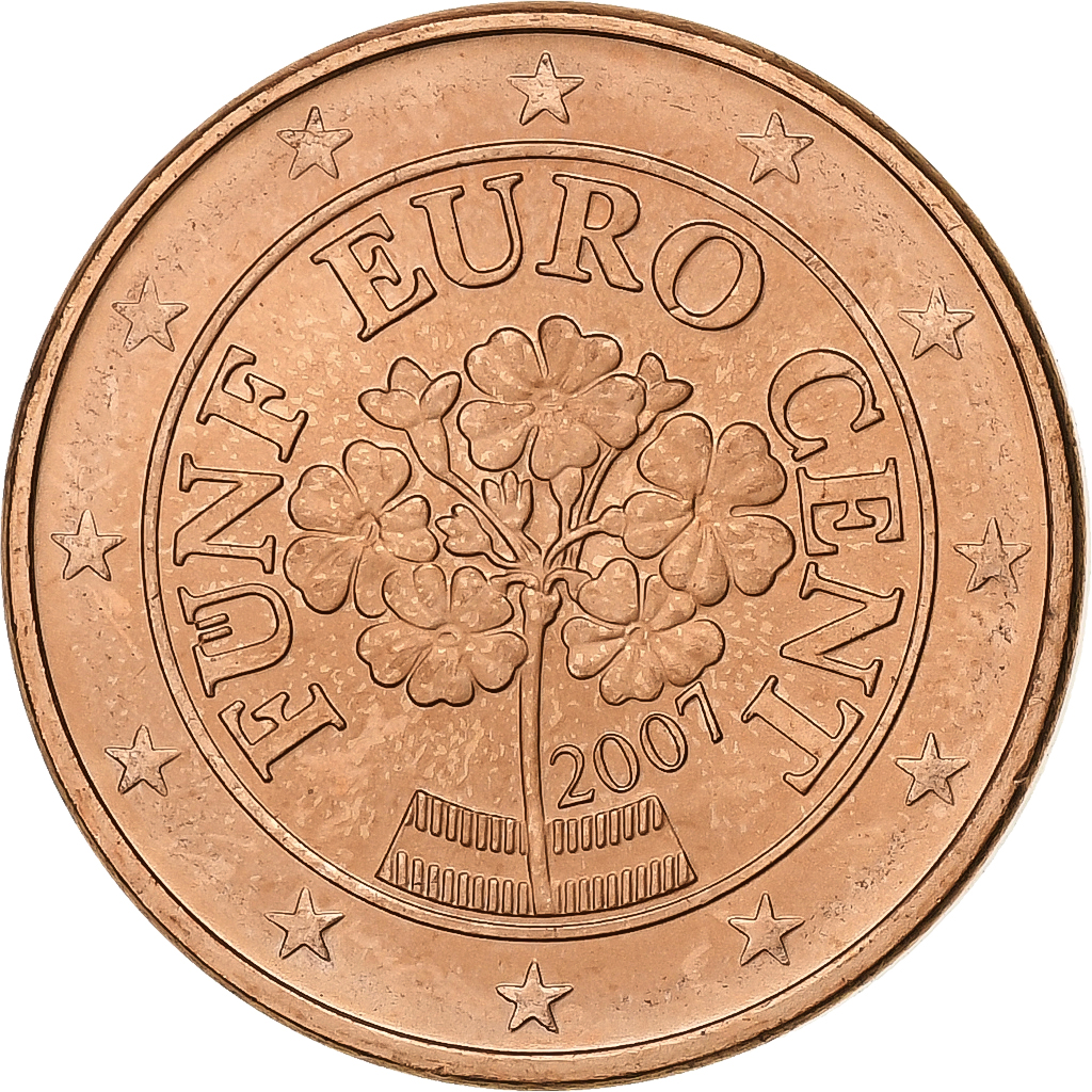 Österreich, 5 Euro Cent, 2007, Vienna, Copper Plated Steel, VZ+