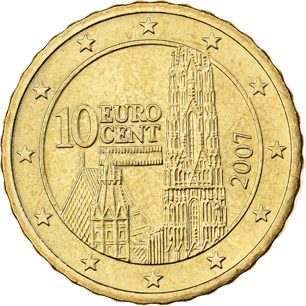 Österreich, 10 Euro Cent, 2007, Vienna, Nordic gold, VZ+