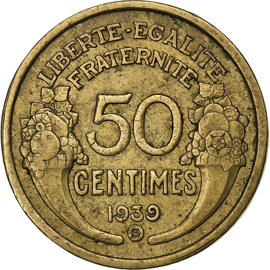 France, 50 Centimes, Morlon, 1939, Brussels, Aluminum-Bronze, 