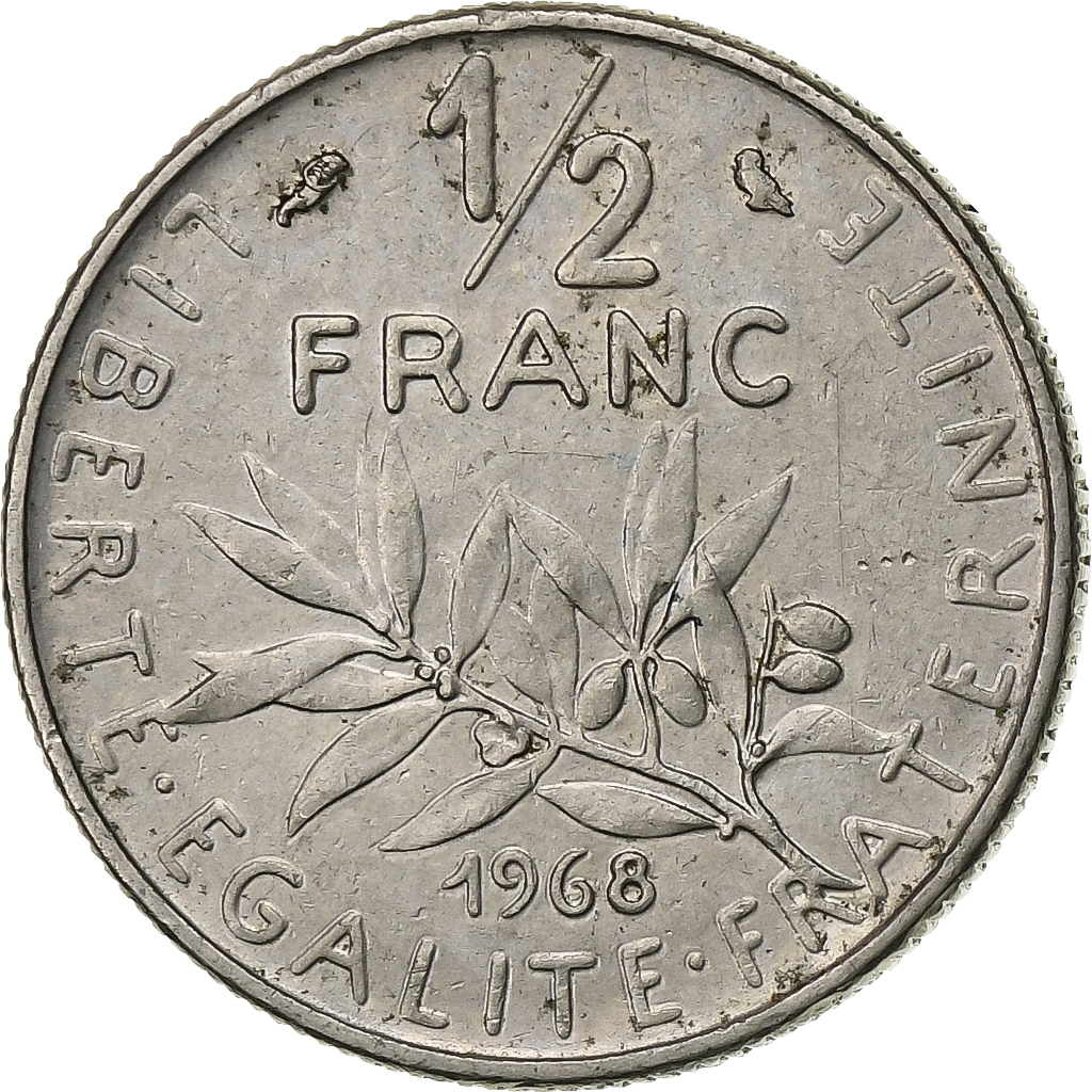 France, 1/2 Franc, Semeuse, 1968, Paris, Nickel, AU, Gadoury:429