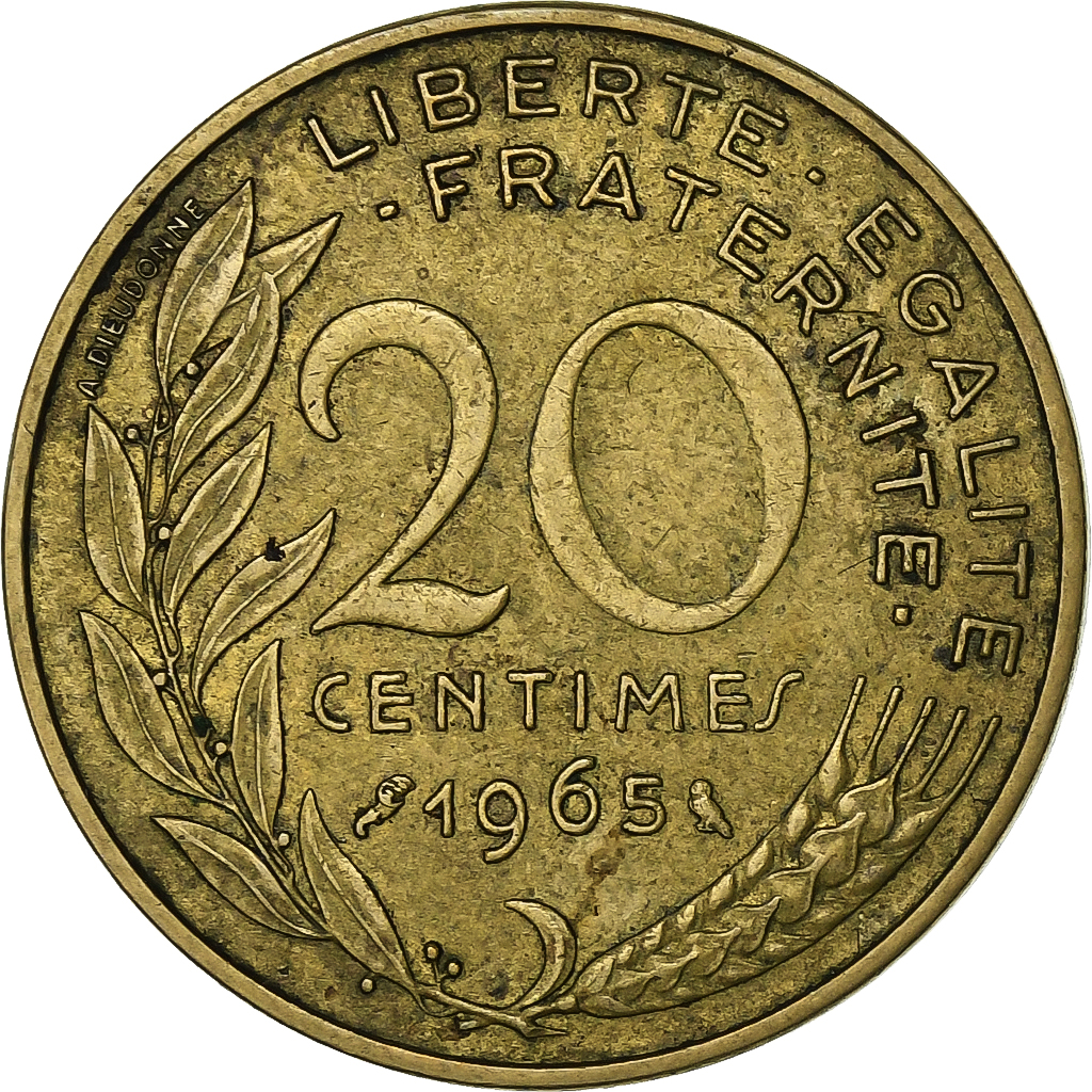 France, 20 Centimes, Marianne, 1965, Paris, Aluminum-Bronze, 