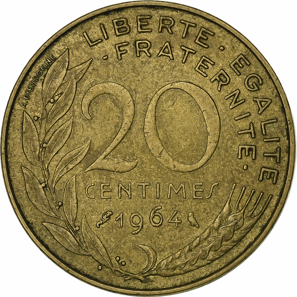 France, 20 Centimes, Marianne, 1964, Paris, Aluminum-Bronze, 