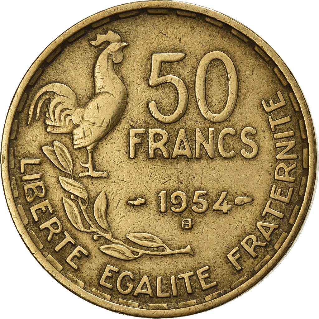 France, 50 Francs, Guiraud, 1954, Beaumont - Le Roger, Aluminum-Bronze