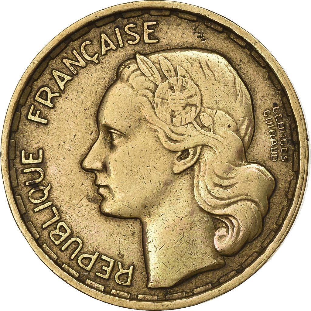France, 20 Francs, Guiraud, 1950, Paris, Aluminum-Bronze, 