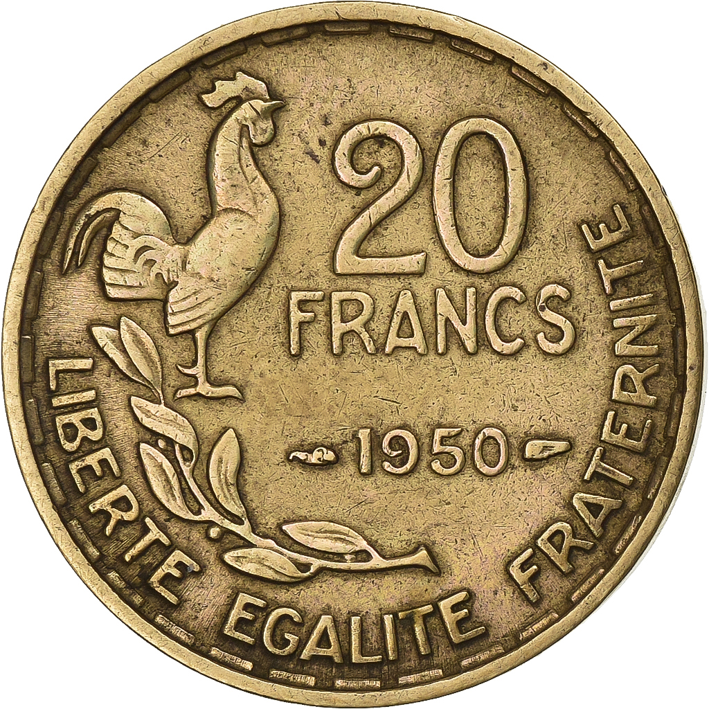 France, 20 Francs, Guiraud, 1950, Paris, Aluminum-Bronze, 