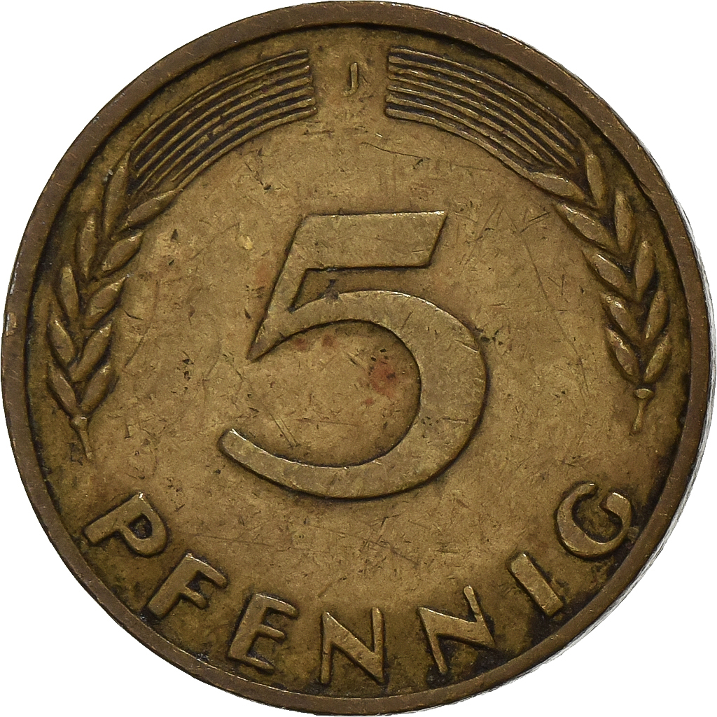 GERMANY - FEDERAL REPUBLIC, 5 Pfennig, 1950, Hambourg, Brass Clad Steel