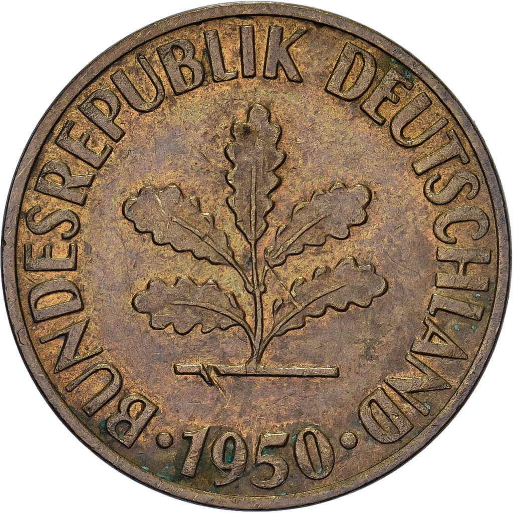Federal Republic of Germany, 10 Pfennig, 1950, Stuttgart, Brass Clad Steel