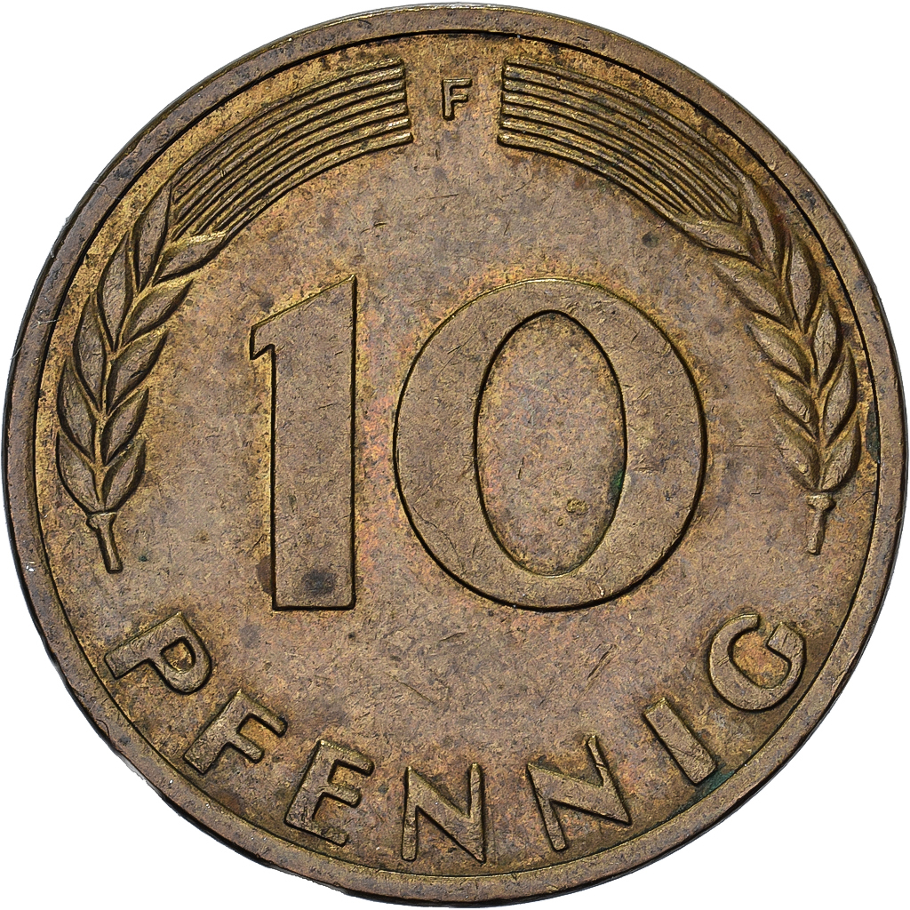 Federal Republic of Germany, 10 Pfennig, 1950, Stuttgart, Brass Clad Steel
