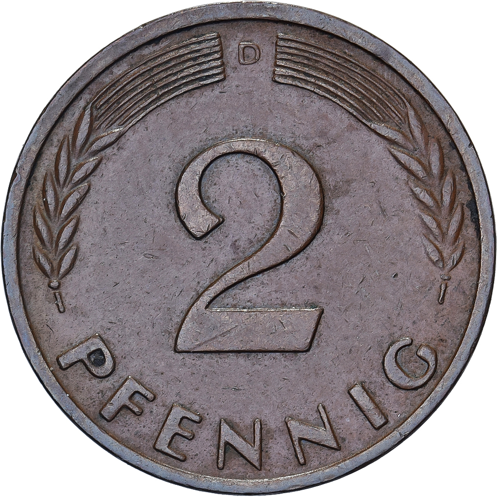Federal Republic of Germany, 2 Pfennig, 1958, Munich, Bronze, , KM:106