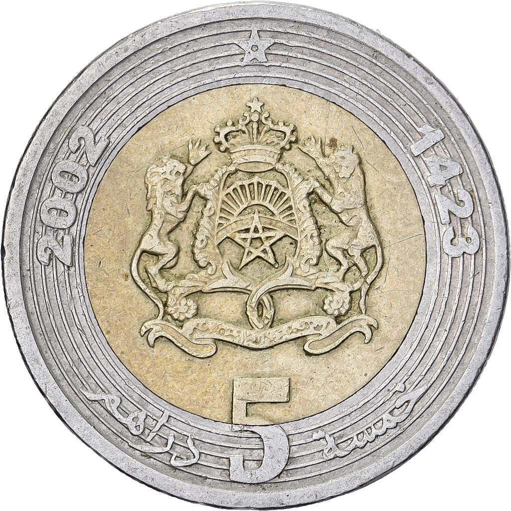 Morocco, Mohammed VI, 5 Dirhams, 2002/AH1423, Paris, Bi-Metallic, 