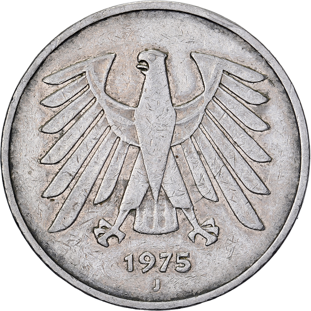 Federal Republic of Germany, 5 Mark, 1975, Hambourg, Copper-Nickel Clad Nickel