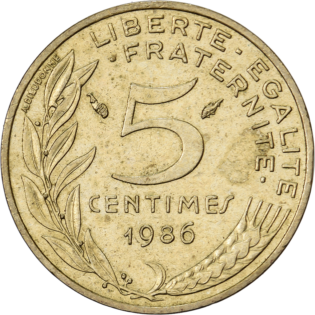 France, 5 Centimes, Marianne, 1986, Paris, Aluminum-Bronze, 