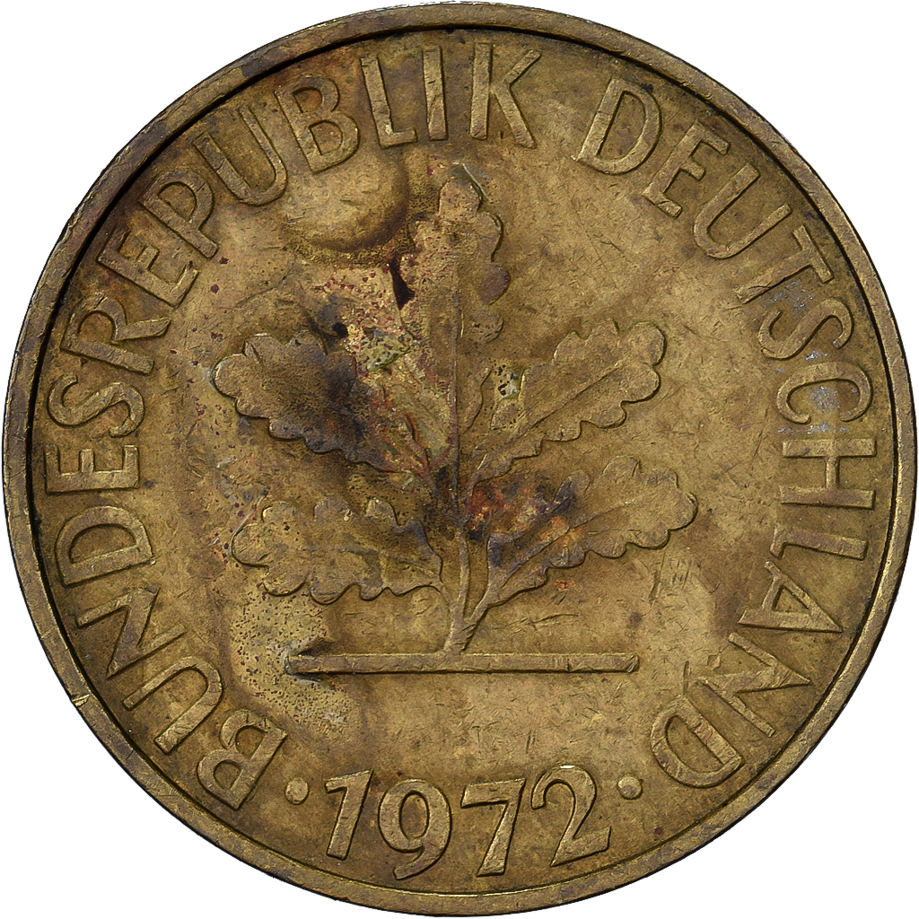 Federal Republic of Germany, 10 Pfennig, 1972, Stuttgart, Brass Clad Steel