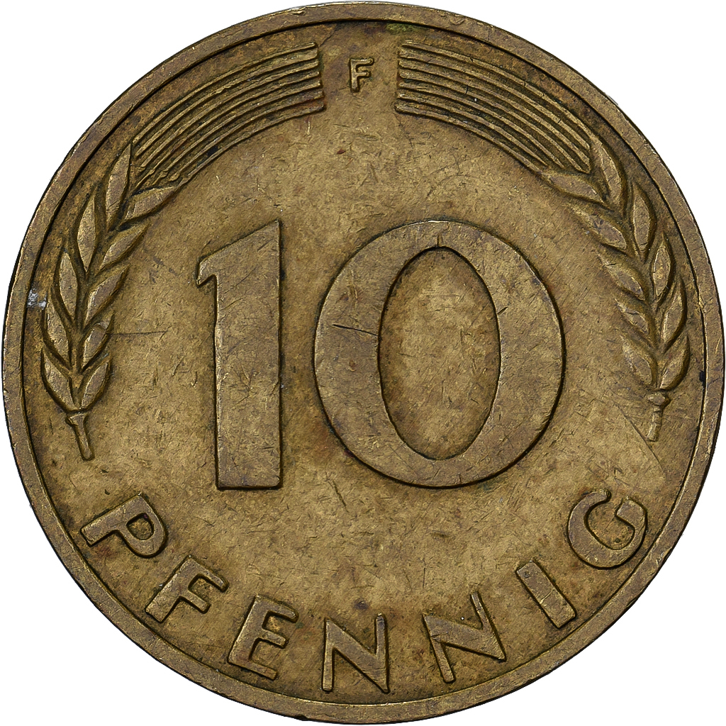 Federal Republic of Germany, 10 Pfennig, 1972, Stuttgart, Brass Clad Steel