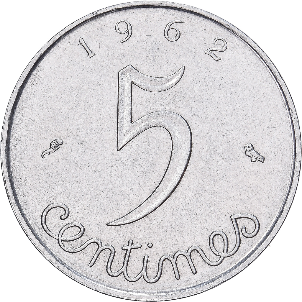 France, 5 Centimes, Épi, 1962, Paris, Stainless Steel, EF(40-45), Gadoury:172
