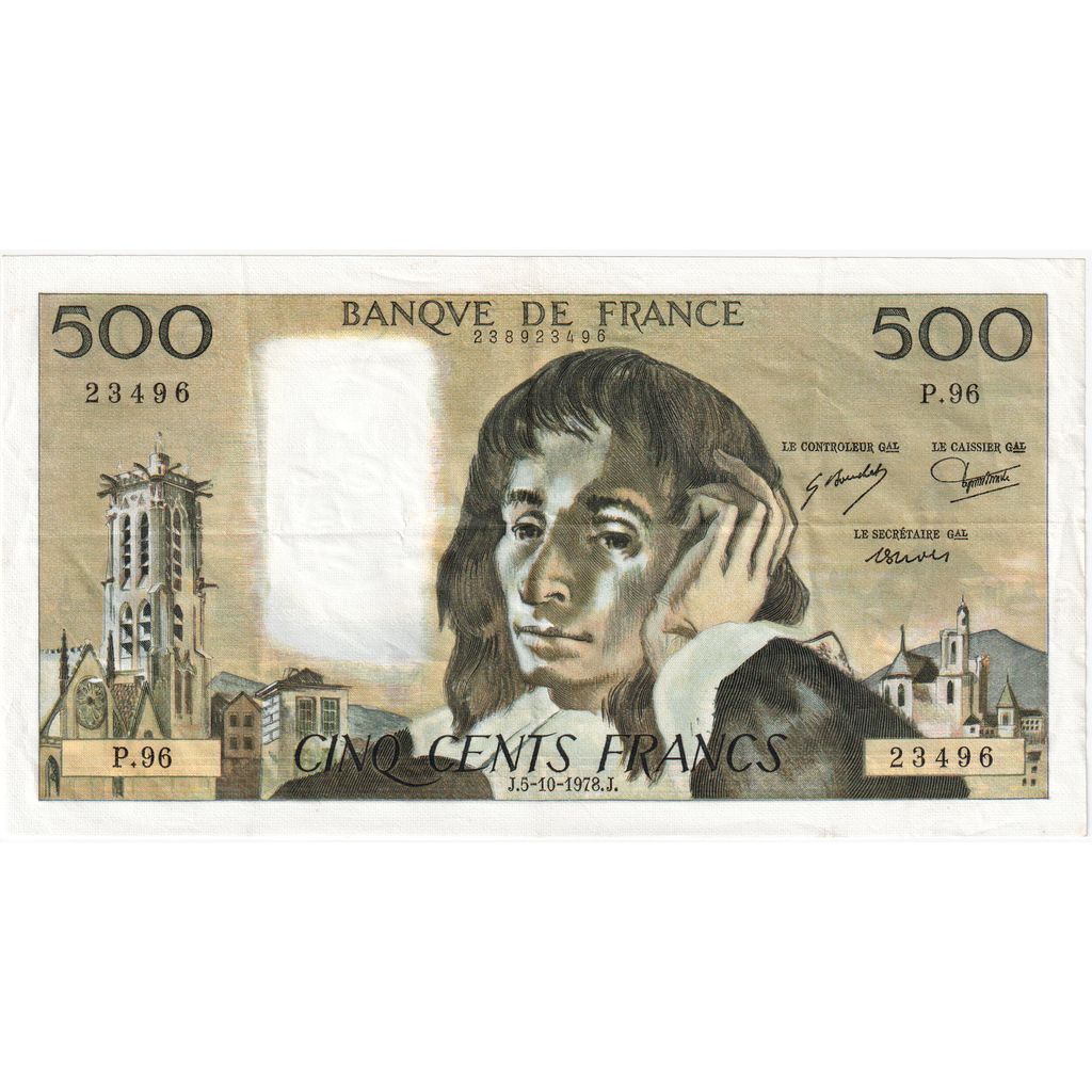 France, 500 Francs, Pascal, 1978-10-05, P.96, AU(50-53)