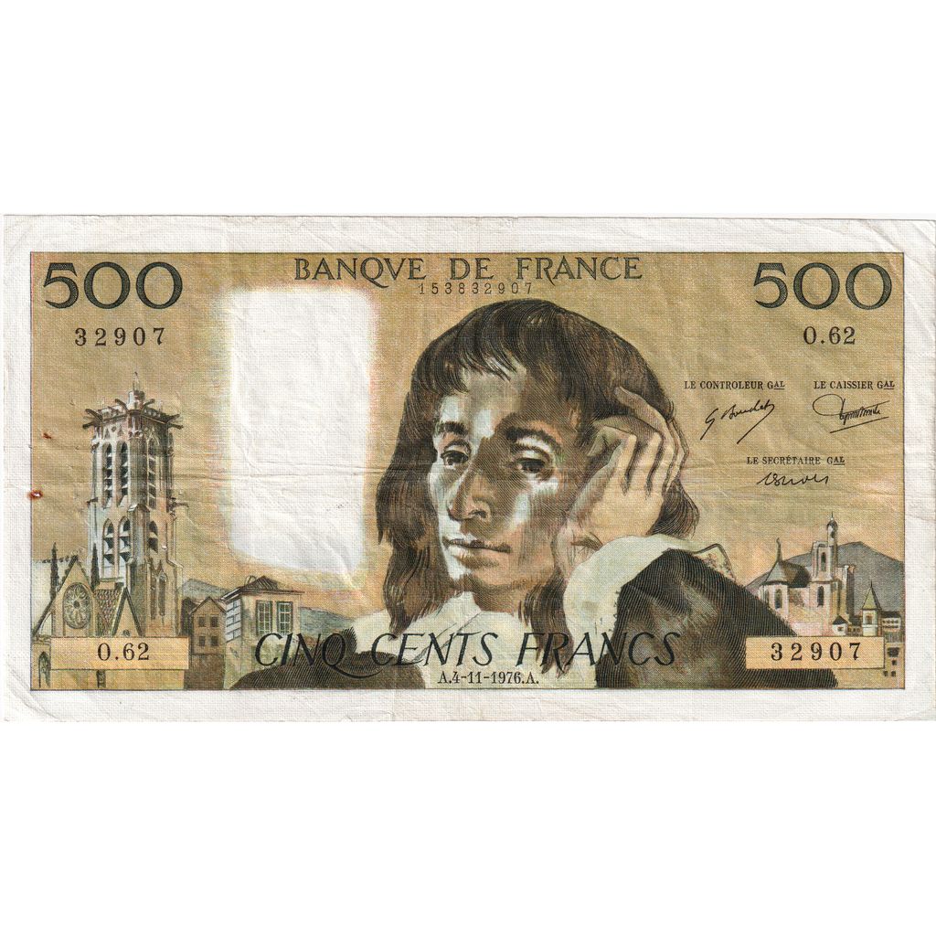 France, 500 Francs, Pascal, 1976-11-04, O.62, EF(40-45)