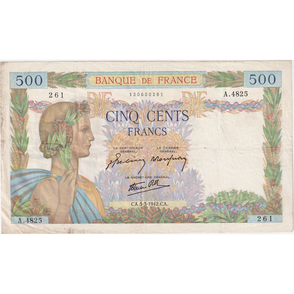 France, 500 Francs, La Paix, 1942-03-05, A.4825, EF(40-45)
