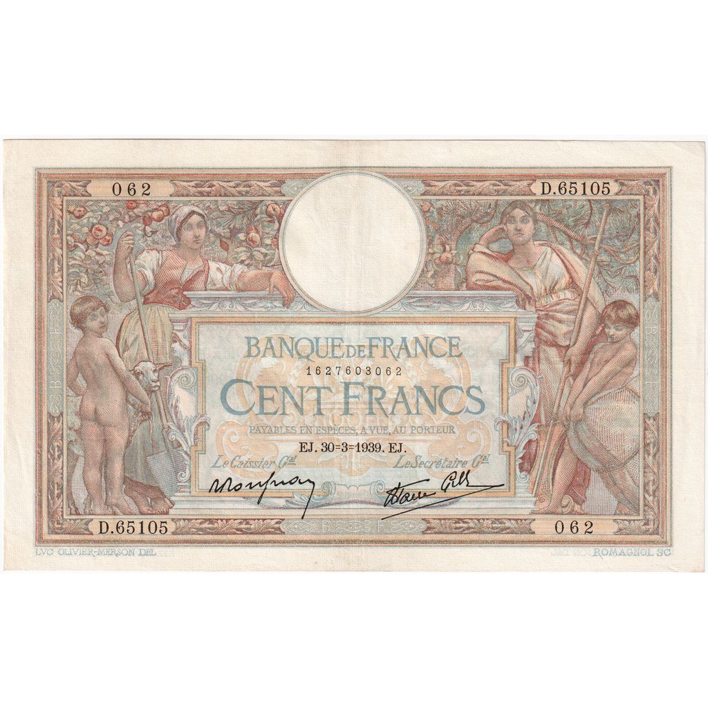 France, 100 Francs, Luc Olivier Merson, 1939-03-30, D.65105, AU(55-58)