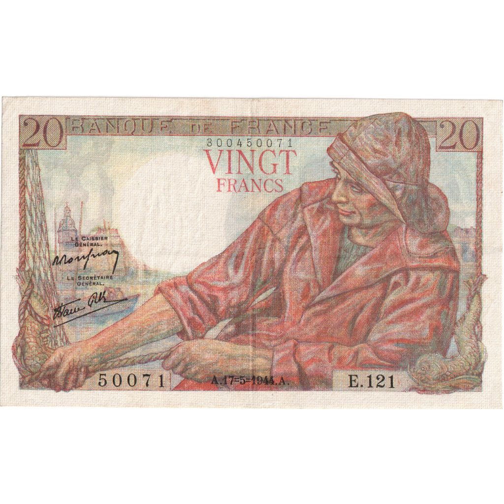 France, 20 Francs, Pêcheur, 1944-05-17, E.121, VF(30-35)