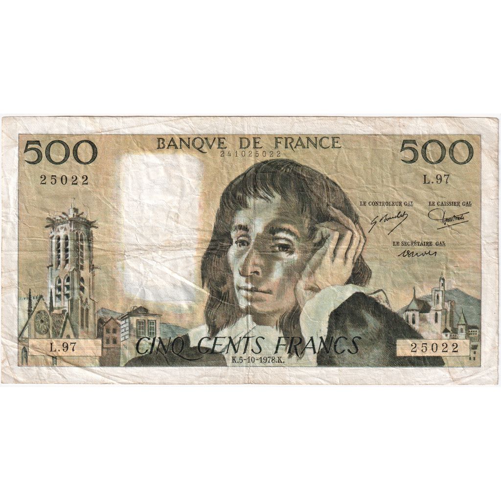 France, 500 Francs, Pascal, 1978-10-05, L.97, VF(30-35)