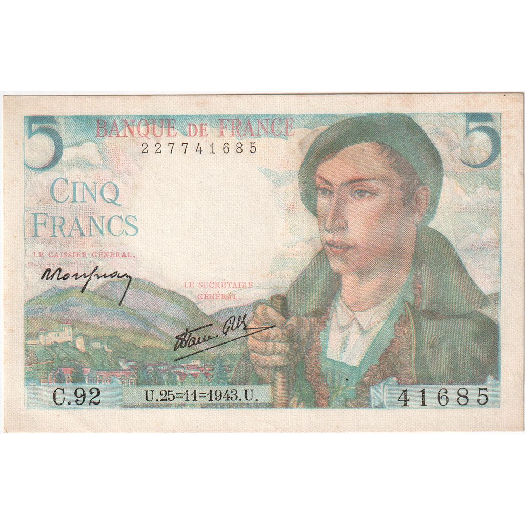 France, 5 Francs, Berger, 1943-11-25, C.92, AU(50-53)