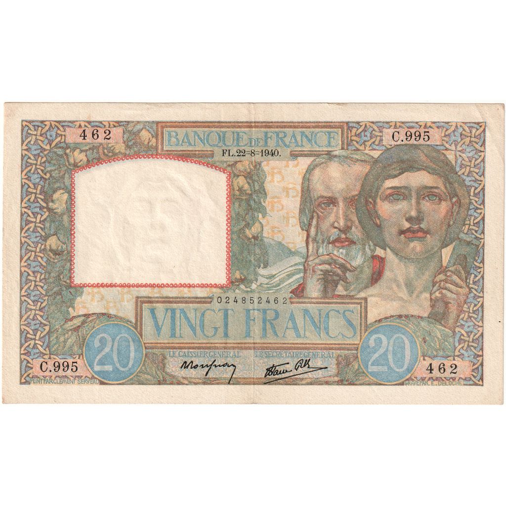 France, 20 Francs, Science et Travail, 1940-08-22, C.995, EF(40-45)