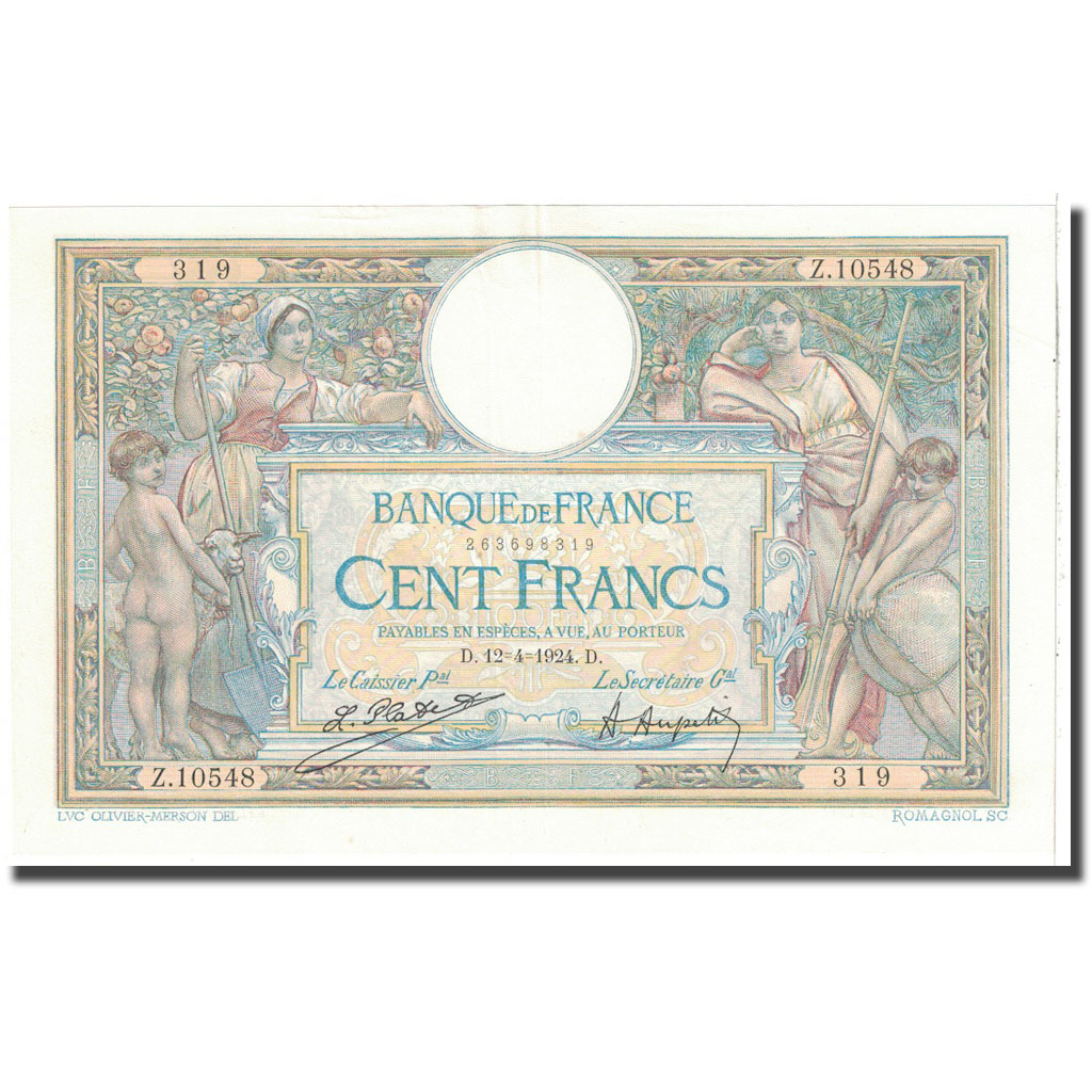 France, 100 Francs, 1924, 1924-04-12, AU(50-53), Fayette:24.2, KM:78a