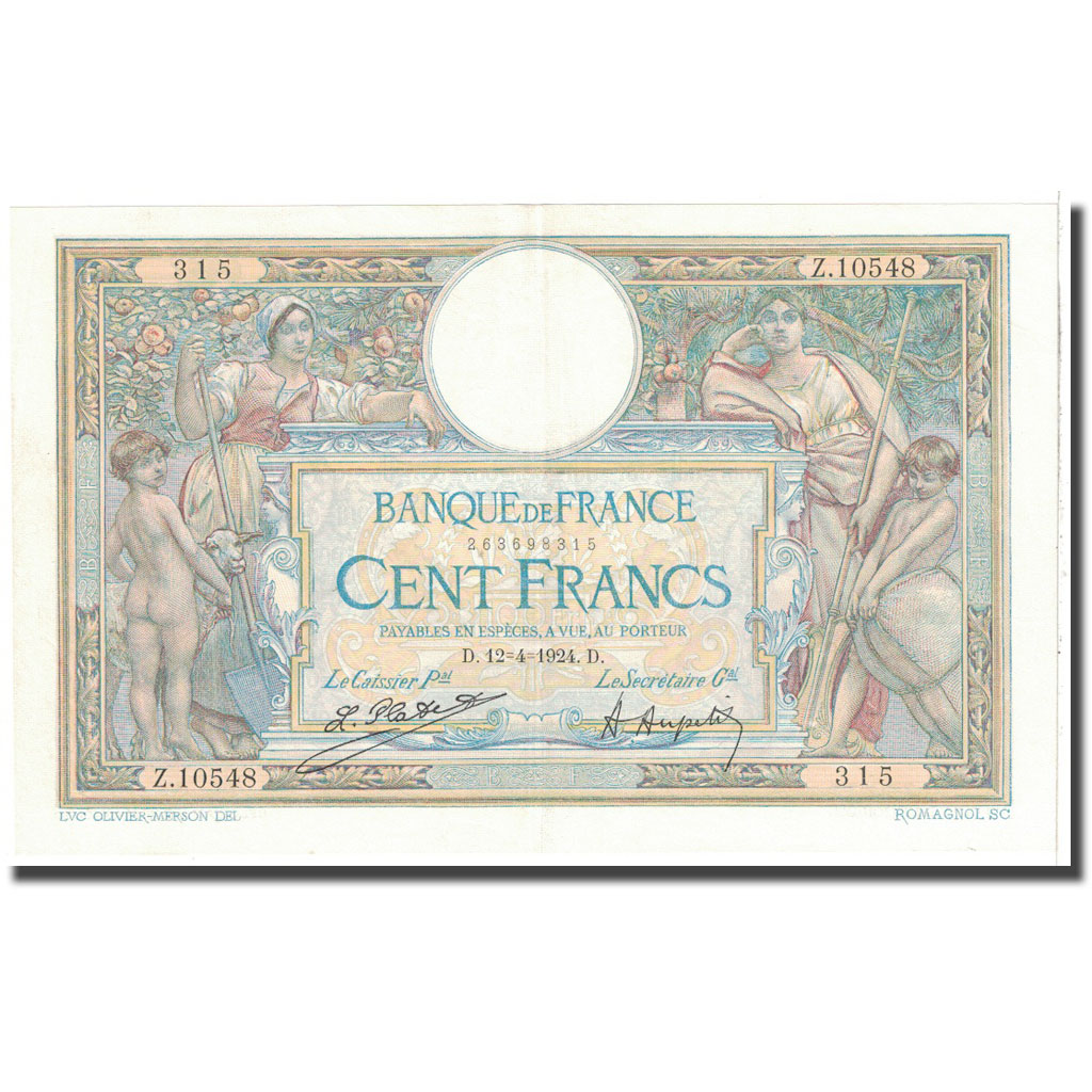 France, 100 Francs, 1924, 1924-04-12, AU(50-53), Fayette:24.2, KM:78a