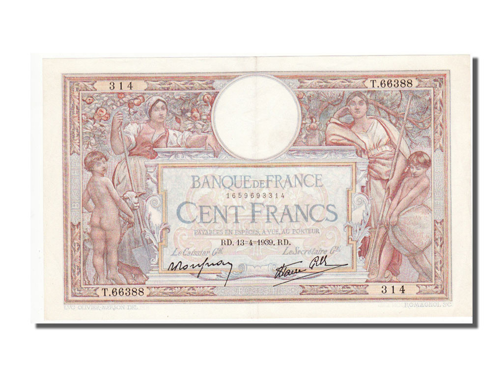 Banknote, France, 100 Francs, 100 F 1908-1939 ''Luc Olivier Merson'', 1939