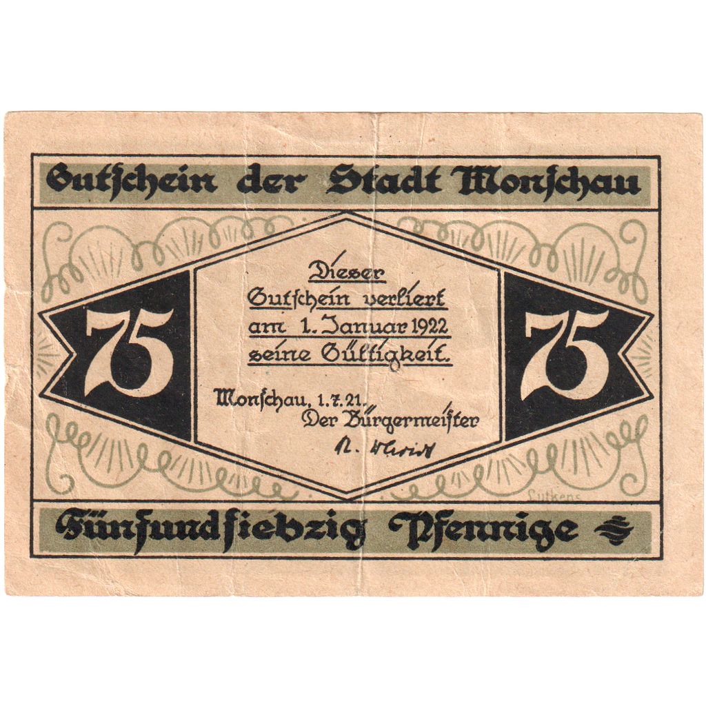 Germany, Monschau, 75 Pfennig, 1921-07-01, UNC