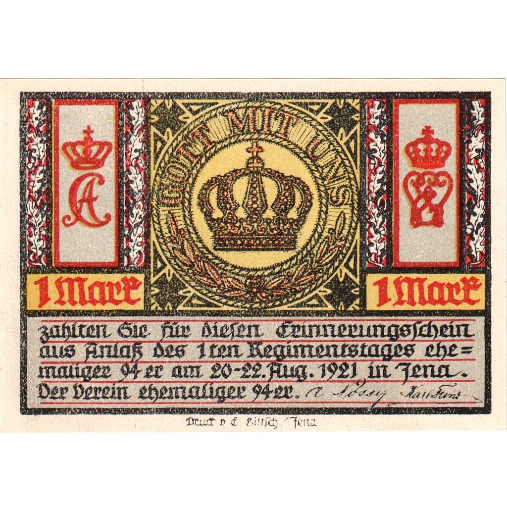 Germany, Jena, 1 Mark, 1921-08-22, UNC