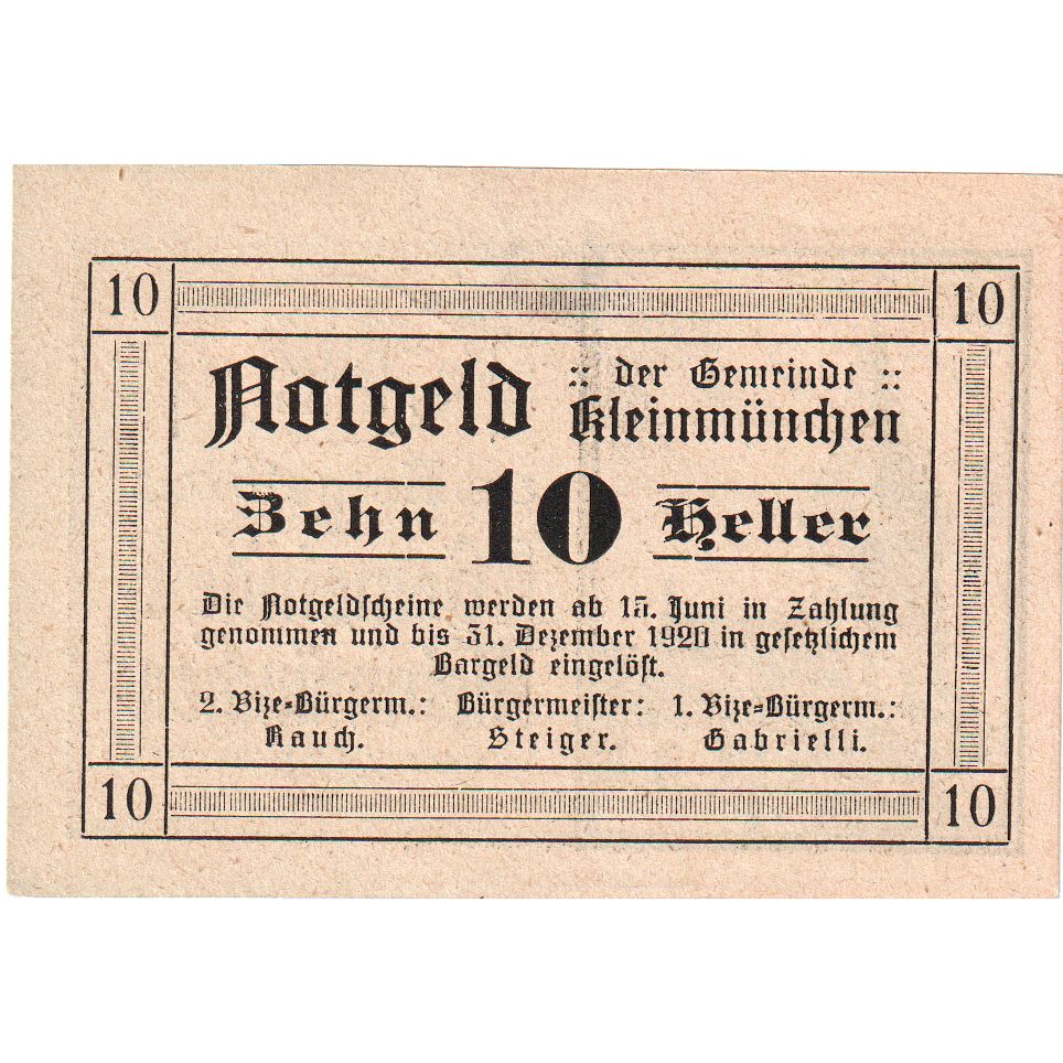 Austria, Kleinmünchen O.Ö. Gemeinde, 10 Heller, 1920-12-31, UNC