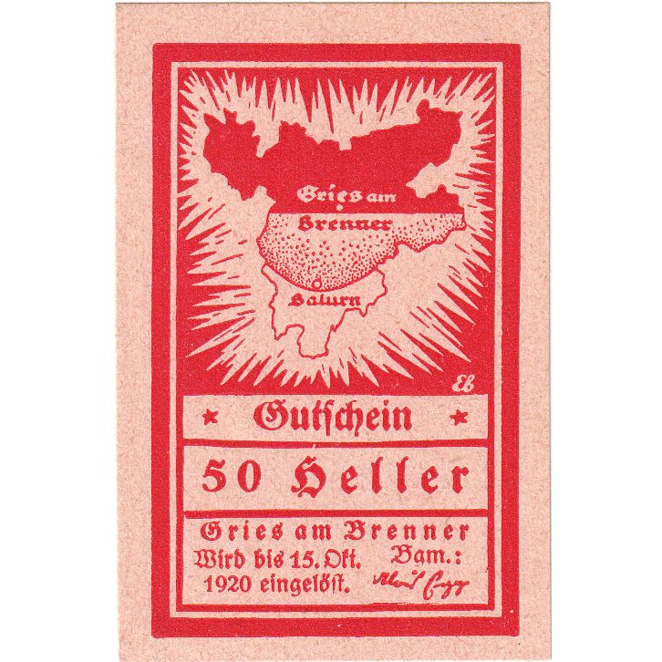 Austria, Gries Am Brenner Tirol Gemeinde, 50 Heller, 1920-10-15, UNC