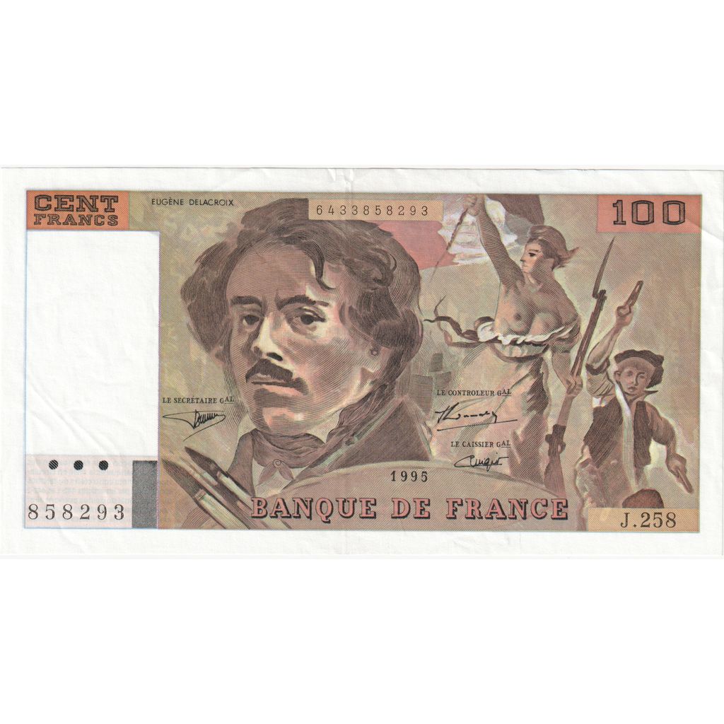 France, 100 Francs, Delacroix, J.258 858293, AU(55-58)