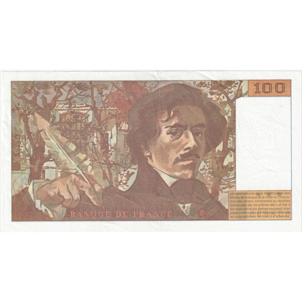 France, 100 Francs, Delacroix, J.258 858293, AU(55-58)