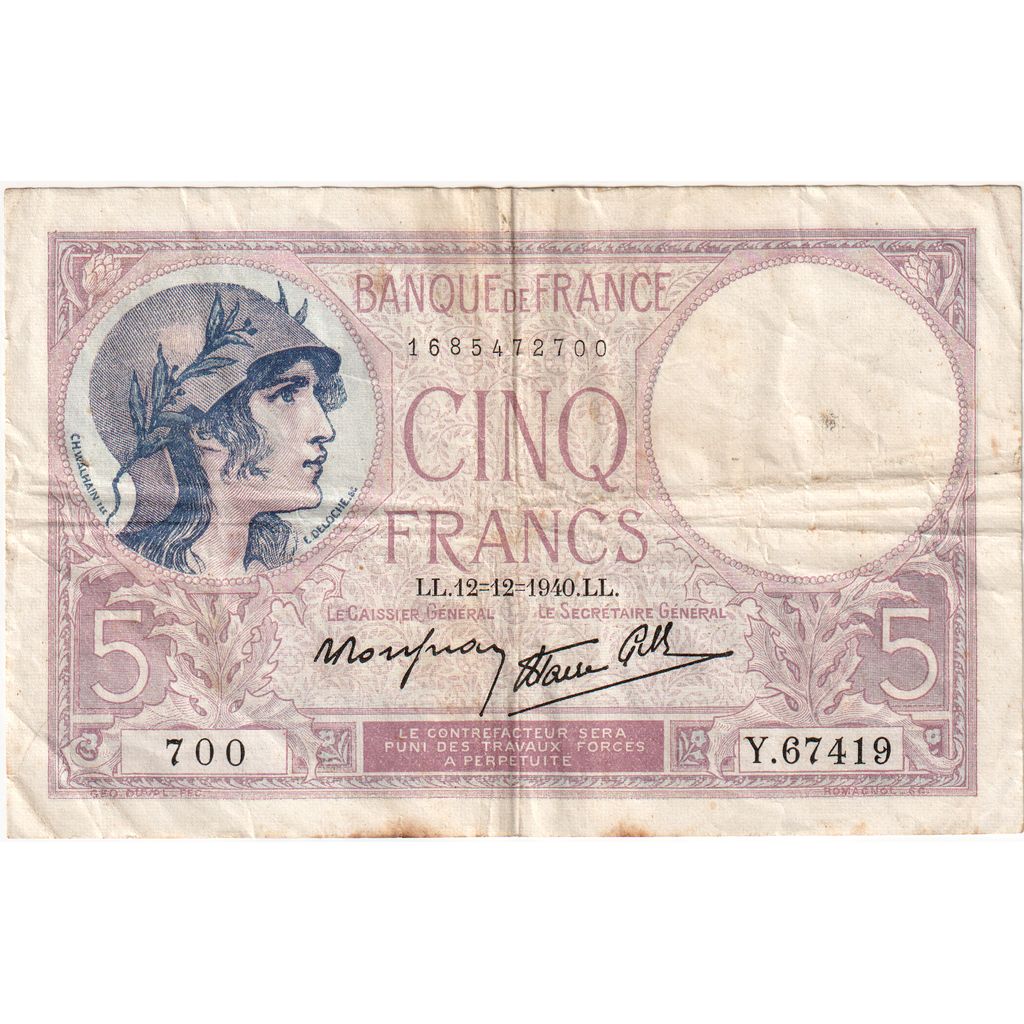 France, 5 Francs, 1940-12-12, Y.67419, VF(30-35)