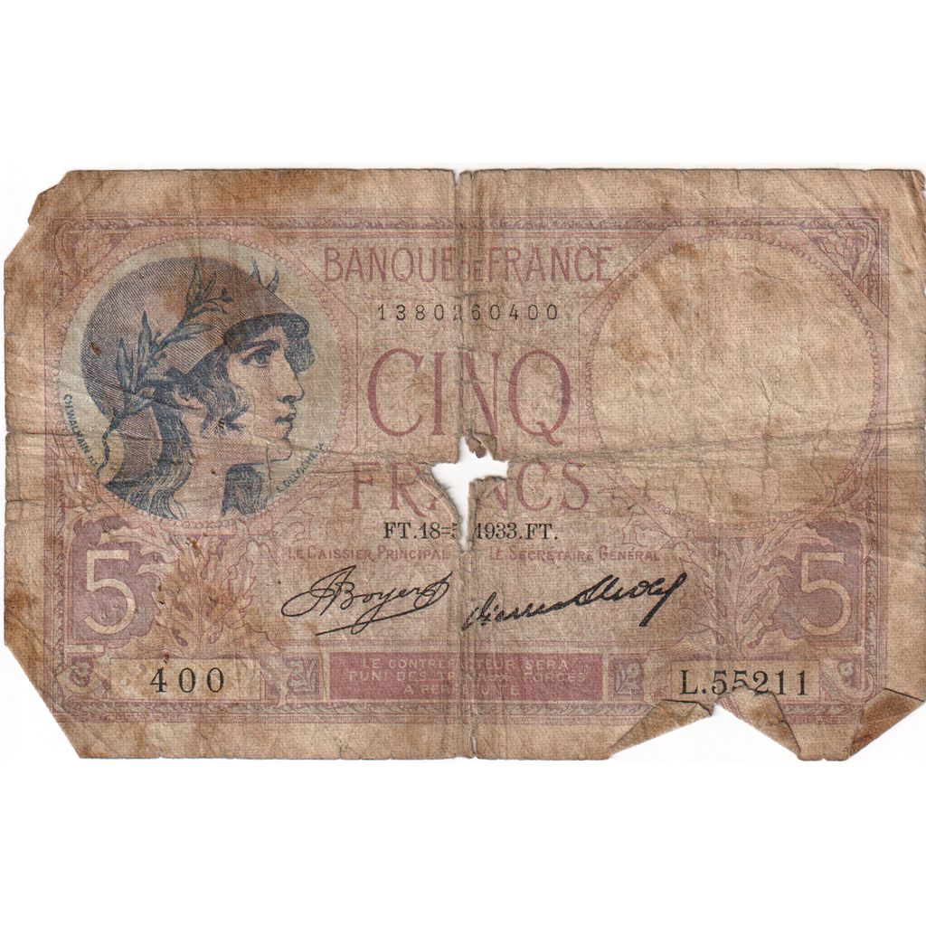 France, 5 Francs, Violet, 1933-05-18, L.55211, VG