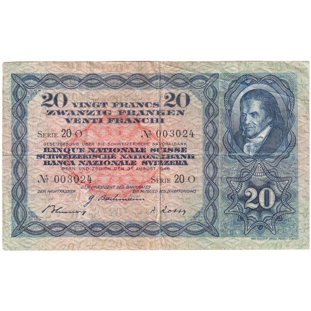 Switzerland, 20 Franken, 1946-08-31, EF