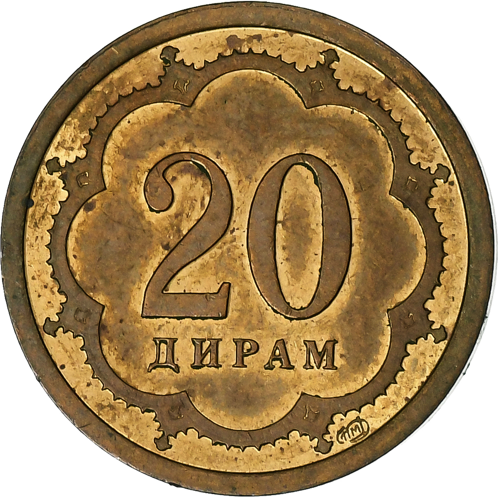 Tajikistan, 20 Drams, 2001, St. Petersburg, Brass Clad Steel, , KM:4.2