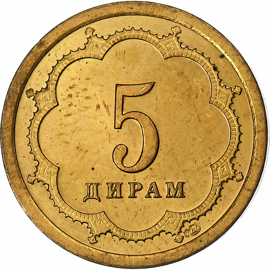 Tajikistan, 5 Drams, 2001, St. Petersburg, Brass Clad Steel, , KM:2.2