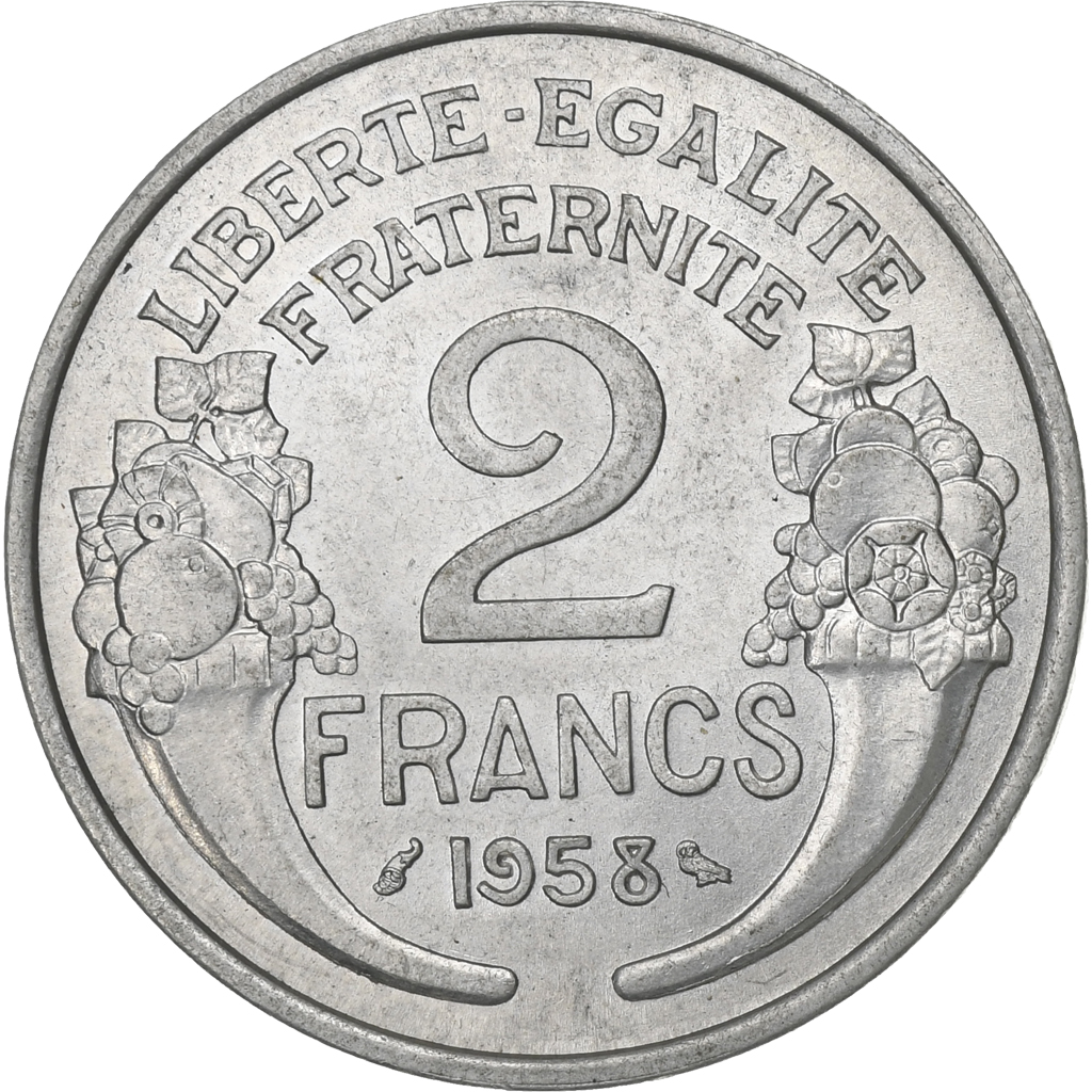 France, 2 Francs, Morlon, 1958, Paris, Aluminum, MS, Gadoury:538b, KM:886a.1