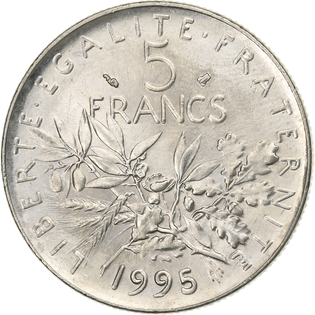 France, 5 Francs, Semeuse, 1995, Paris, Nickel Clad Copper-Nickel, 