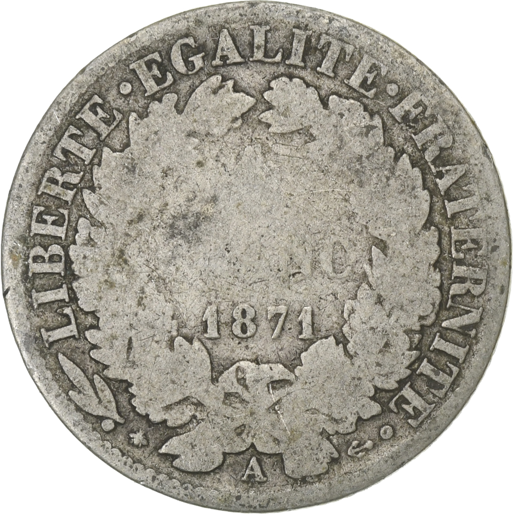 France, Franc, Cérès, 1871, Paris, Silver, , Gadoury:465a, KM:822.1