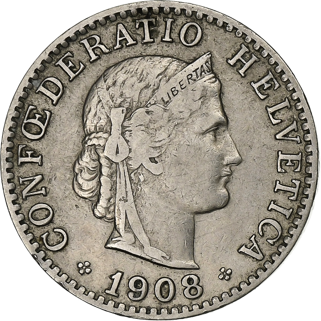 Switzerland, 20 Rappen, 1908, Bern, Nickel, , KM:29